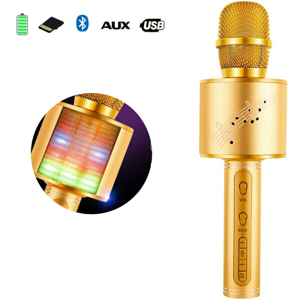 

Беспроводной Bluetooth микрофон с колонкой 2в1 Karaoke YS-66 с функцией ЭХО смены голоса фонограммой и disco подсветкой Золотой