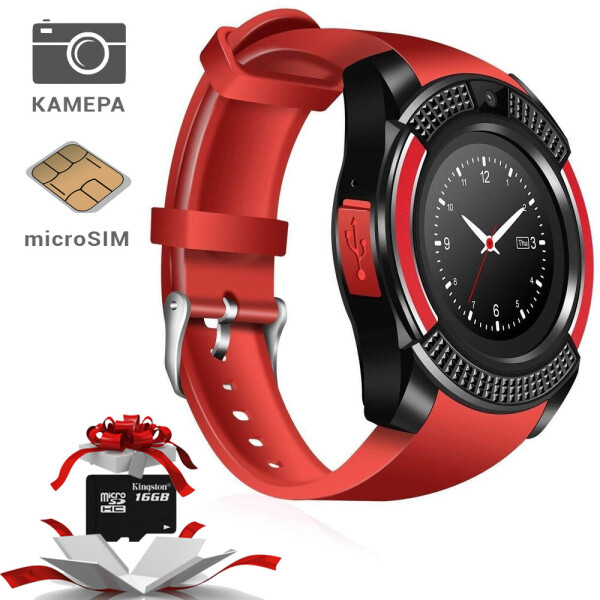 

Смарт-часы UWatch V8 Bluetooth умные часы с камерой FMрадио и поддержкой SIM карты Красный + карта памяти 16 Гб