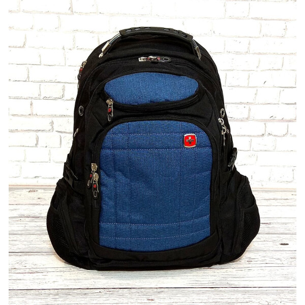 

Рюкзак SwissGear черный с синим + дождевик, универсальный