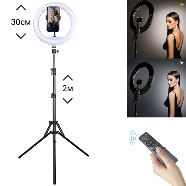 

Кольцевая LED лампа светодиодная YQ-320 диаметр 30 см с креплением для телефона 220В + пульт + штатив 2 м