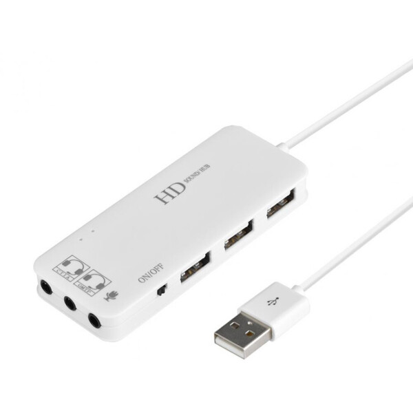 

Звуковая карта Digital USB + хаб на 3 порта USB 2.0 HD внешняя Белый (1003-901-02)