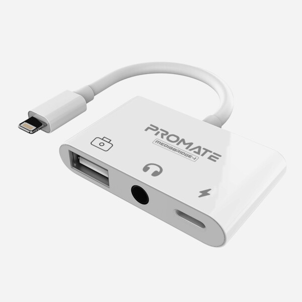 

Адаптер Promate MediaBridge-i Lightning/USB 3.0 OTG+AUX 3.5мм+10Вт Lightning-in