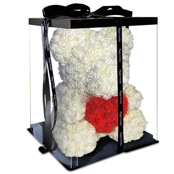 

Мишка из 3d роз Happy Teddy 40 см белый с сердцем в подарочной коробке