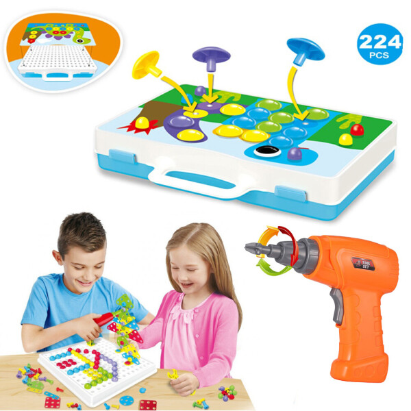 

Детский 3D конструктор Puzzle Peg 4 в 1 с шуруповертом и электроотверткой 224 детали + бокс мозайка для хранения и переноски