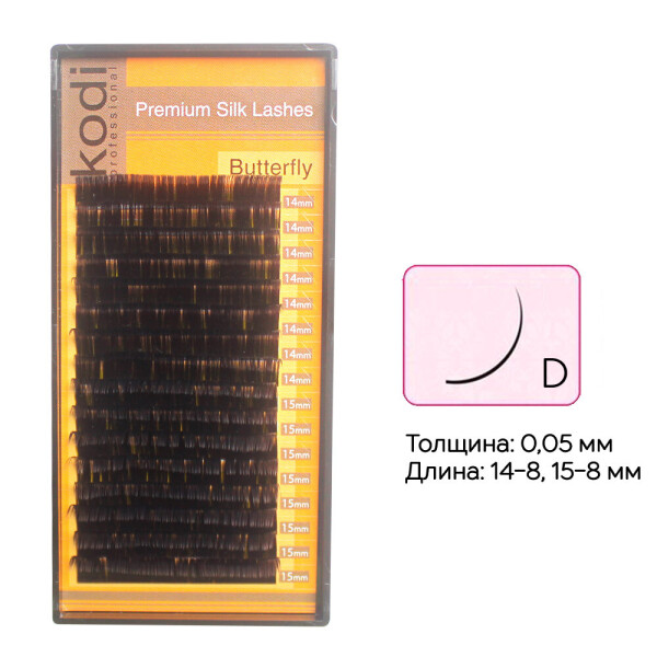 

Ресницы Kodi D 0,05 16 рядов: 14-8, 15-8 мм, черный (20032913), шт. (0060131)