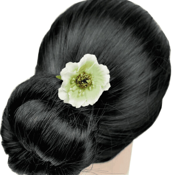 Шпилька для волос цветок мак маленький - белый с зеленым, 1 шт (0085046)
