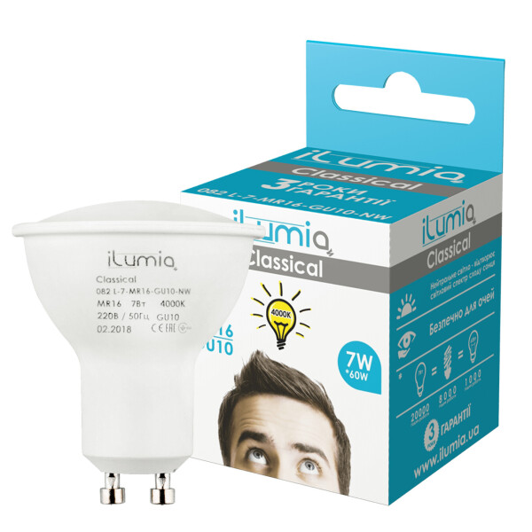 

LED лампа Ilumia 7W GU10 MR16 4000К нейтральный 700Lm (082)