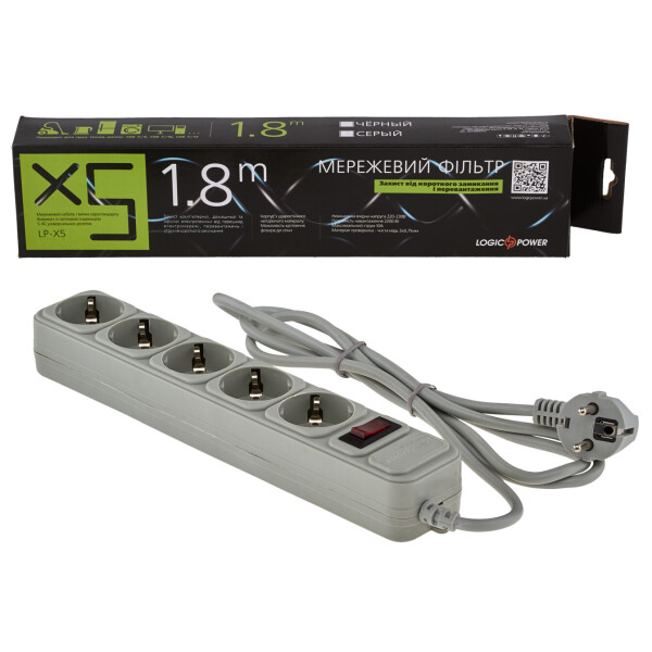 

Фильтр-удлинитель сетевой LogicPower LP-X5, 5 розеток, цвет-серый, 1,8 m