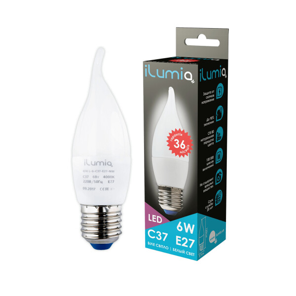 

LED лампа Ilumia 6W Е27 C37 4000К нейтральный 450Lm (074)