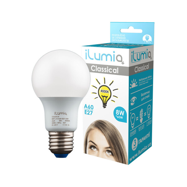 

LED лампа Ilumia 8W Е27 A60 4000К нейтральный 800Lm (009)