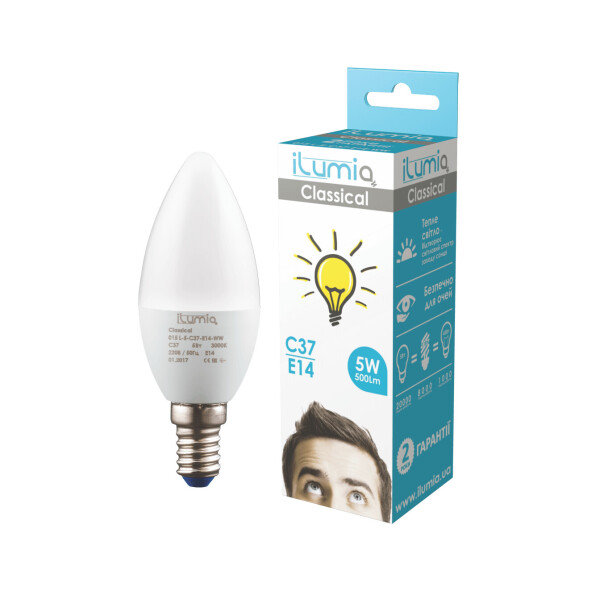 

LED лампа Ilumia 5W Е14 C37 3000К теплый 500Lm (015)