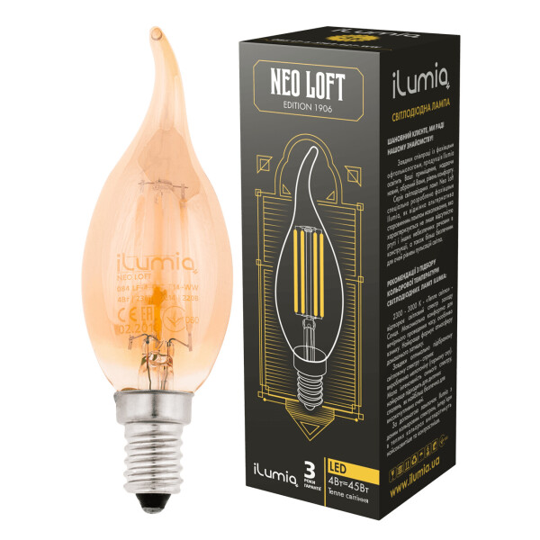 

LED лампа филаментная Ilumia 4W Е14 C37 2300К теплый 400Lm (084)