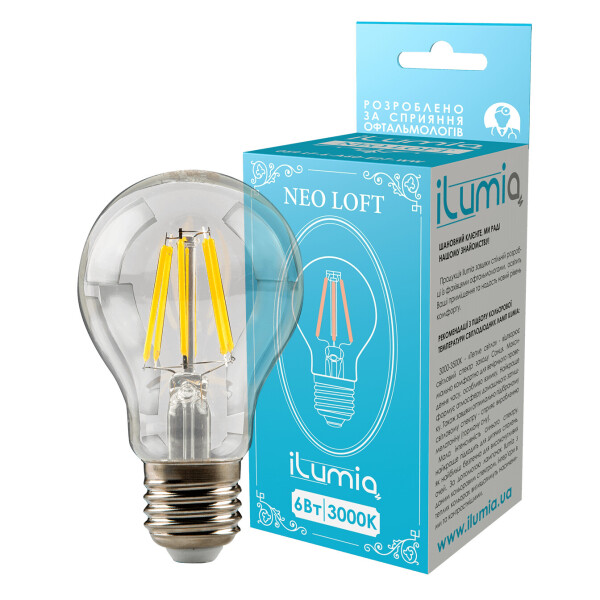 

LED лампа филаментная Ilumia 6W Е27 A60 3000К теплый 600Lm (059)
