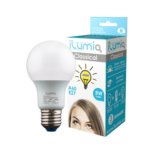 

LED лампа Ilumia 8W Е27 A60 4000К теплый 800Lm (008)