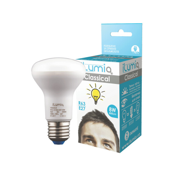 

LED лампа Ilumia 8W Е27 R63 3000К теплый 800Lm (016)