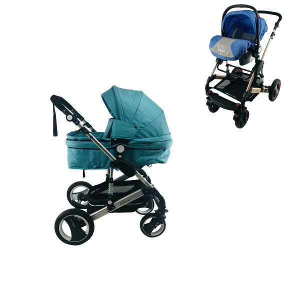 

Коляска Belecoo 535D 3 в 1 с Сумкой для мамы и Бампером для кормления Голубая