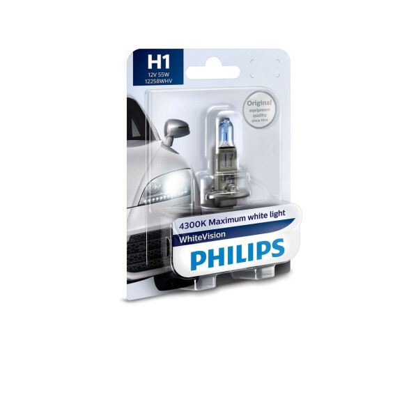 

Авто лампа H1 PHILIPS 55W 12V (P14,5s) White Vision +60% (4300K) с эффектом ксенона