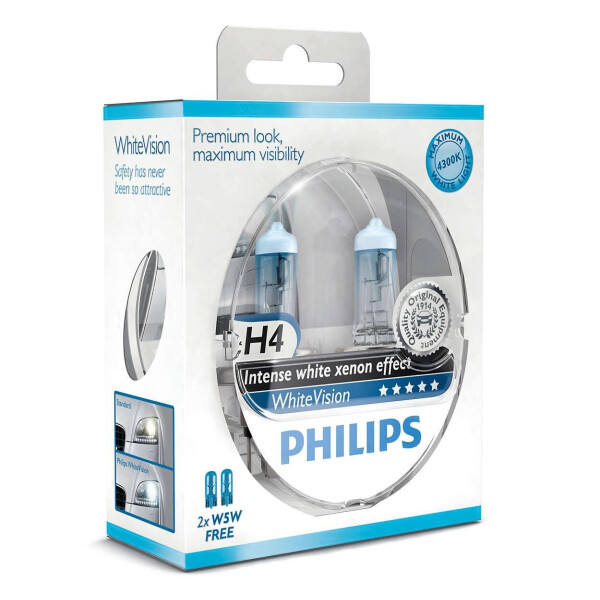

Авто лампа H4 PHILIPS 60/55W 12V P43t White Vision +60% (4300K). Эффект Ксенона!