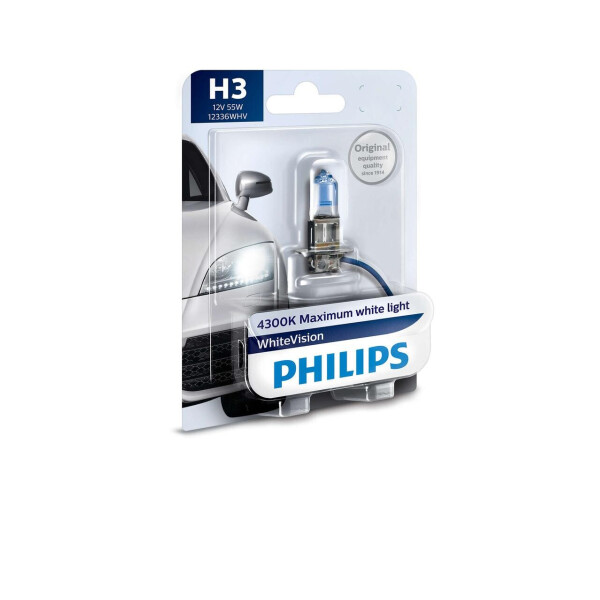 

Авто лампа H3 PHILIPS 55W 12V PK22s WhiteVision +60% (4300K) Эффект ксенона!