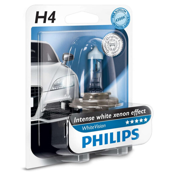 

Авто лампа H4 PHILIPS 60/55W 12V P43t WhiteVision +60% (4300K). Эффект Ксенона!