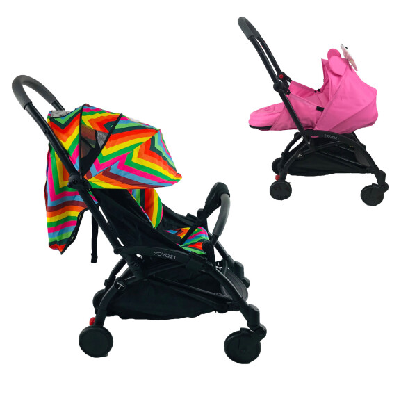 

Коляска Yoya 175 А+ 2021 с Большим дождевиком Желтая с красным Yellow colorful на черной раме с люлькой Pink minni