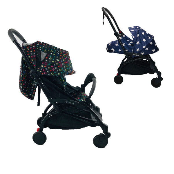

Коляска Yoya 175 А+ 2021 с Большим дождевиком Черная с розовым LV Black на черной раме с люлькой Звезды