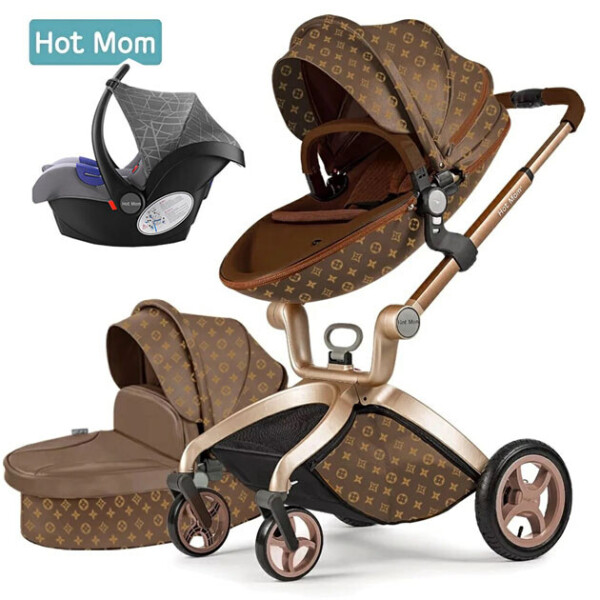 

Коляска Hot Mom 3 в 1 Коричнево-желтая LV с люлькой экокожа