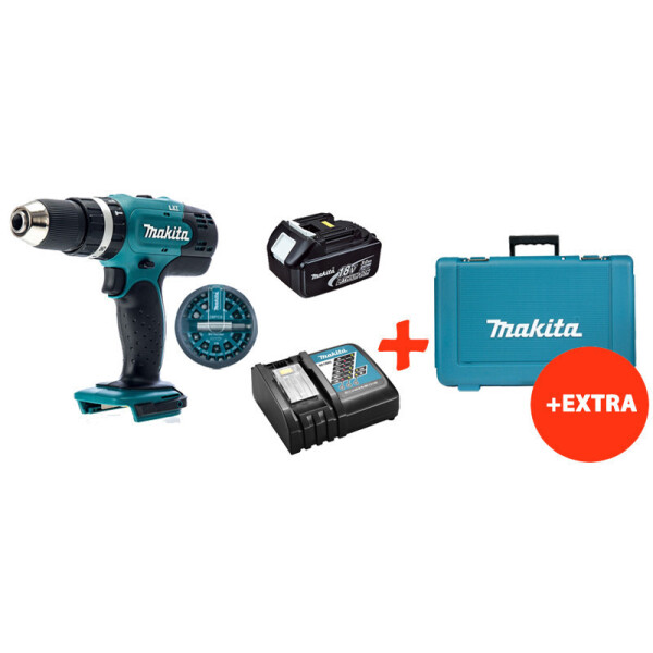 

Аккумуляторная ударная дрель-шуруповерт Makita DHP453Z+акк.18V 3 Ah+быстрозар ЗУ+набор бит+кейс (DHP453RFXK)