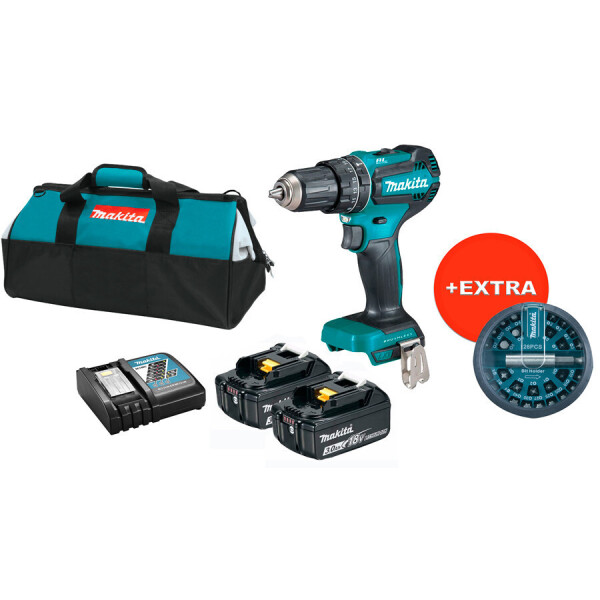

Аккумуляторная ударная дрель-шуруповерт Makita DHP485RFBX + 2 акб 18 V 3 Ah + з/у + сумка + набор бит 28 шт