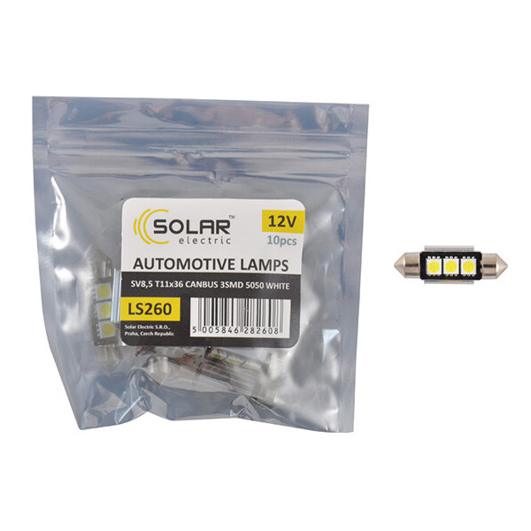 

LED автолампа Solar 12V SV8.5 T11x36mm Canbus 5050 3SMD, white 10шт