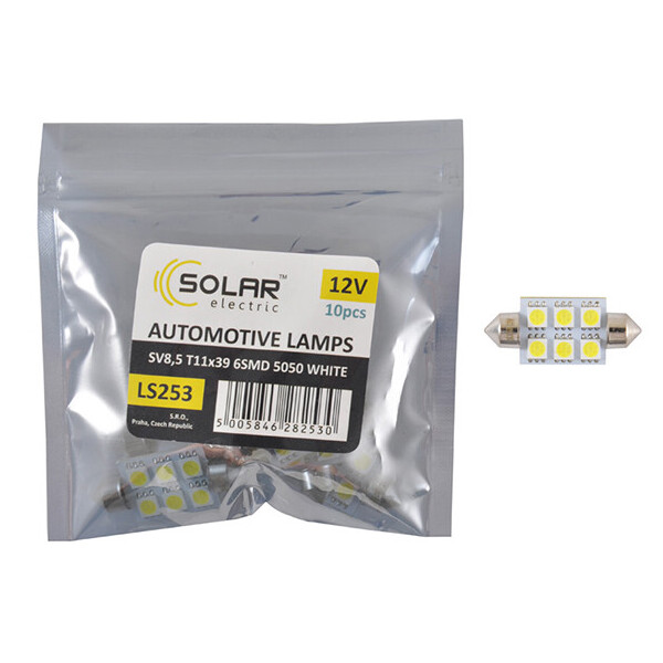 

LED автолампа Solar 12V SV8.5 T11x39 6smd 5050 white 10шт