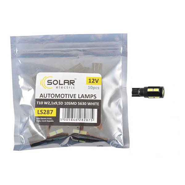

LED автолампа Solar 12V T10 W2.1x9.5d 10SMD 5630 white 10шт