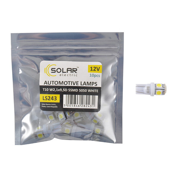 

LED автолампа Solar 12V T10 W2.1x9.5d 5smd 5050 white 10шт
