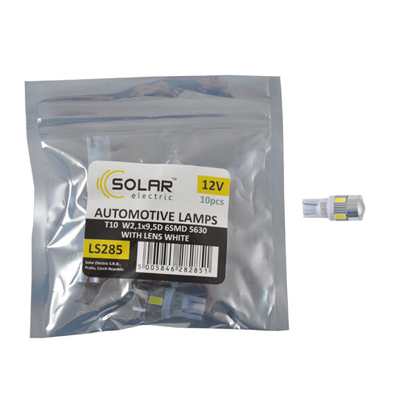 

LED автолампа Solar 12V T10 W2.1x9.5d 6SMD 5630 with lens white 10шт