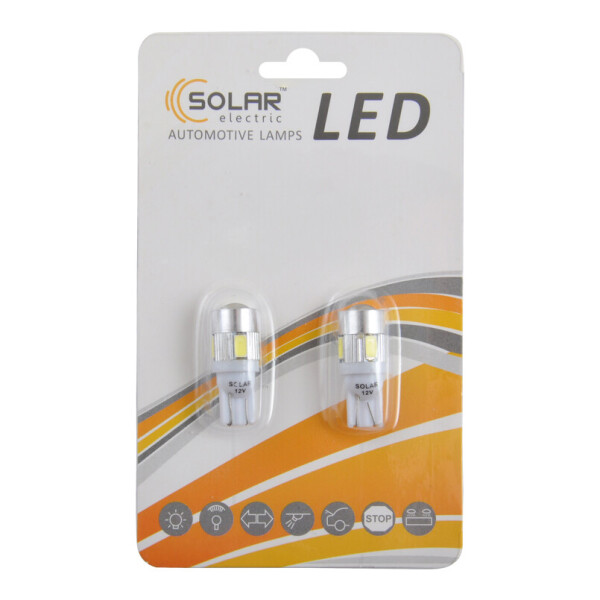 

LED автолампа Solar 12V T10 W2.1x9.5d 6SMD 5630 with lens white, 2шт