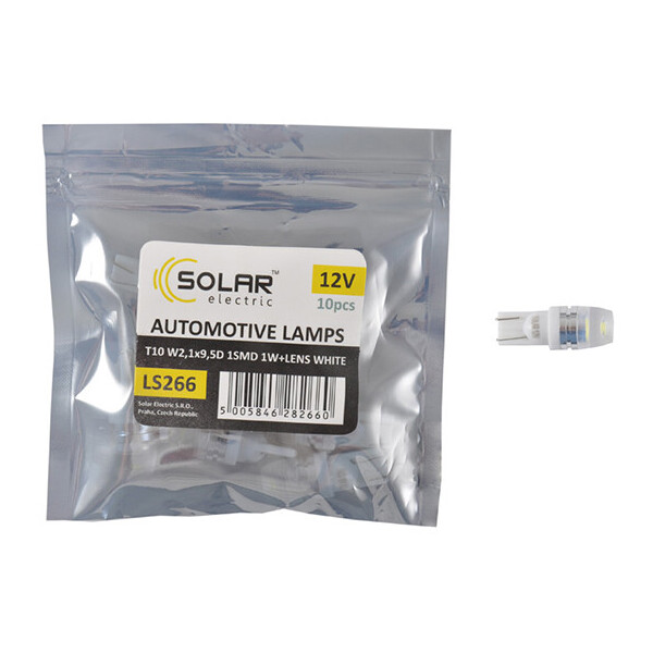 

LED автолампа Solar 12V T10 W2.1x9.5d SMD 1W+Lens, white 10шт