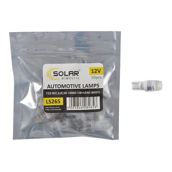 LED автолампа Solar 12V T10 W2.1x9.5d SMD 1W+Lens, white 10шт