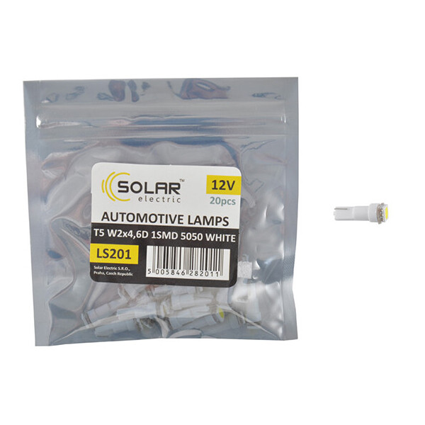 

LED автолампа Solar 12V T5 W2x4.6d 1smd 5050 white 20шт