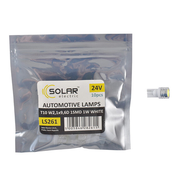 

LED автолампа Solar 24V T10 W2.1x9.5d SMD 1W, white 10шт