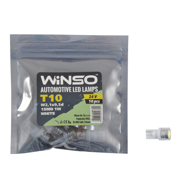 

LED автолампа Winso 24V SMD T10 W2.1x9.5d 1LED 1W, white 10шт.уп.