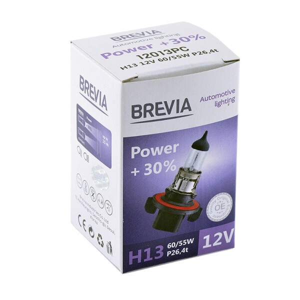 

Галогенова лампа Brevia H13 12V 60/55W P26.4t Power +30% CP