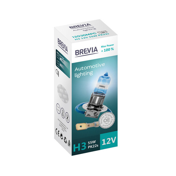 

Галогенова лампа Brevia H3 12V 55W PK22s Max Power +100% CP