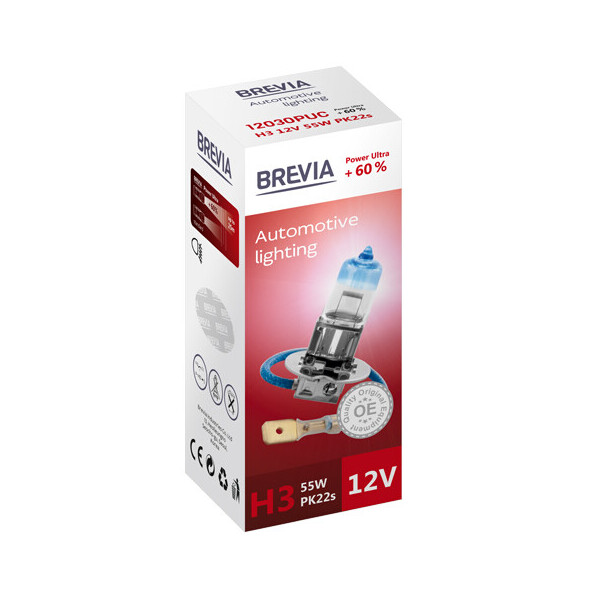 

Галогенова лампа Brevia H3 12V 55W PK22s Power Ultra +60% CP