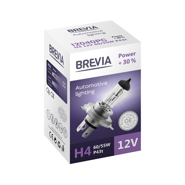 

Галогенова лампа Brevia H4 12V 60/55W P43t Power +30% CP