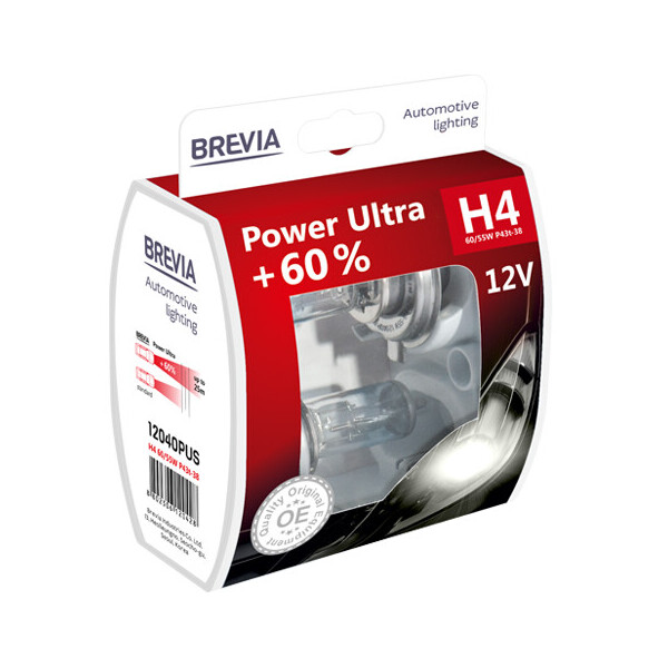 

Галогенова лампа Brevia H4 12V 60/55W P43t Power Ultra +60% S2