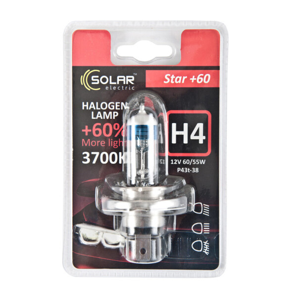 

Галогенова лампа Solar H4 12V 60/55W P43t-38 Starlight +60%