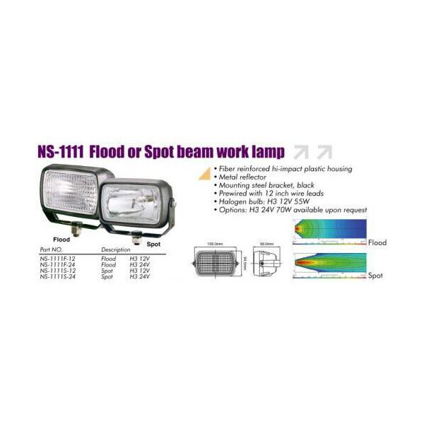 

Фары рабочего света NS-1111F-12 H3 / 12V / 55W / 156 * 95mm