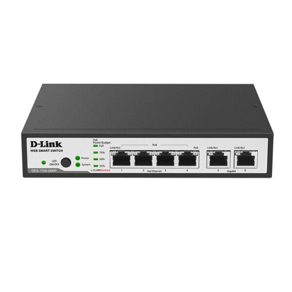 

Коммутатор D-Link DES-1100-06MP 4xFE PoE, 2x1GE