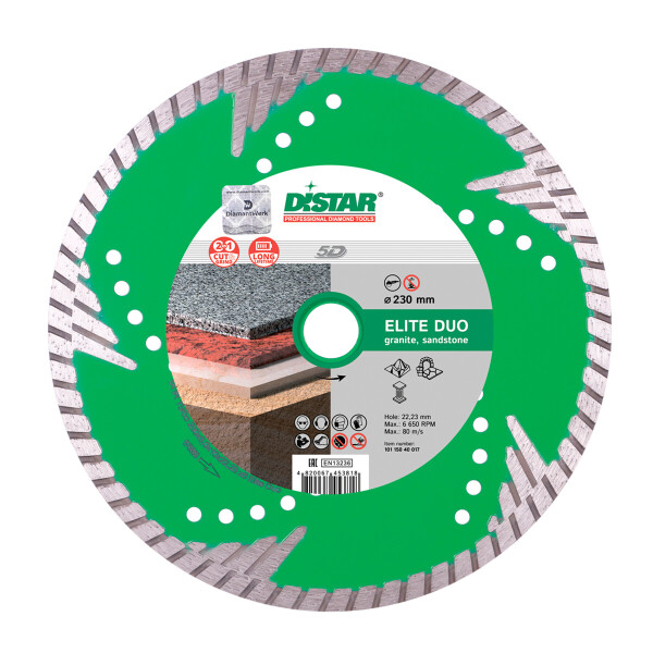 

Круг алмазный отрезной Distar 1A1R Turbo 230x3,0x10x22,23 z5 Elite Duo (10115040017)