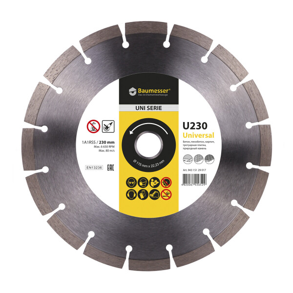 

Круг алмазный отрезной Baumesser 1A1RSS/C3-H 230x2,4/1,6x10x22,23-16 Universal (94315129017)